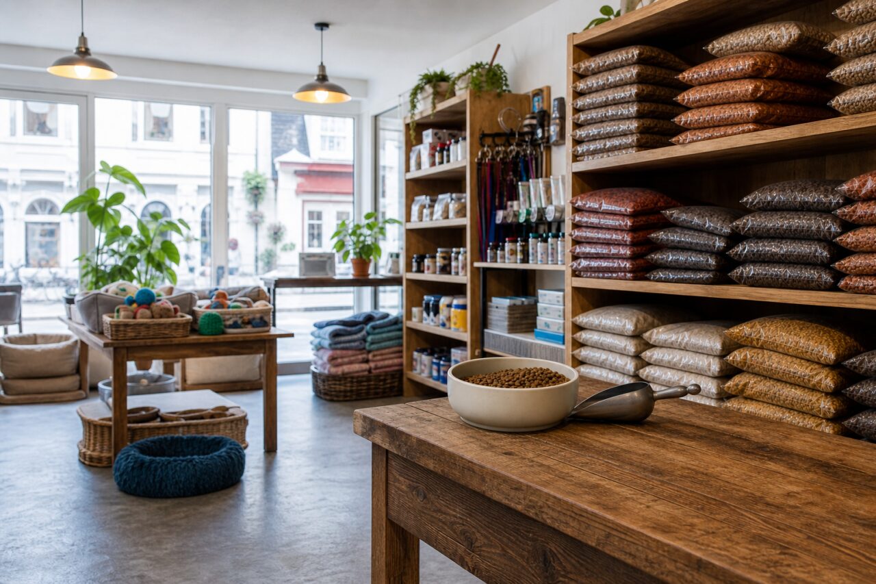 Pet Shop Shelves Filled with Kibble Bags