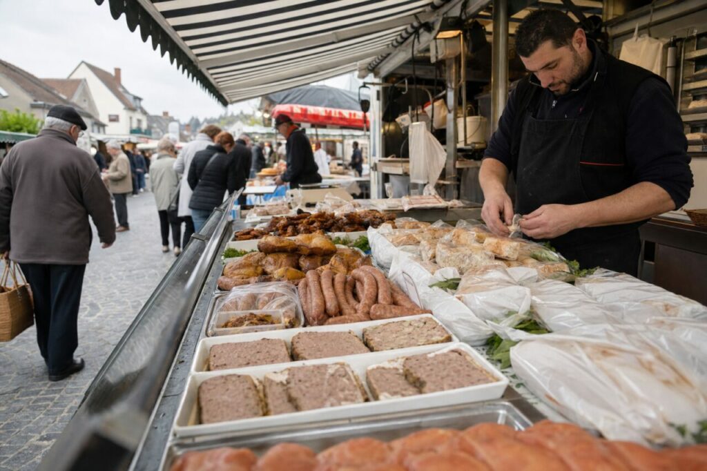 Étal de boucherie-traiteur sur un marché