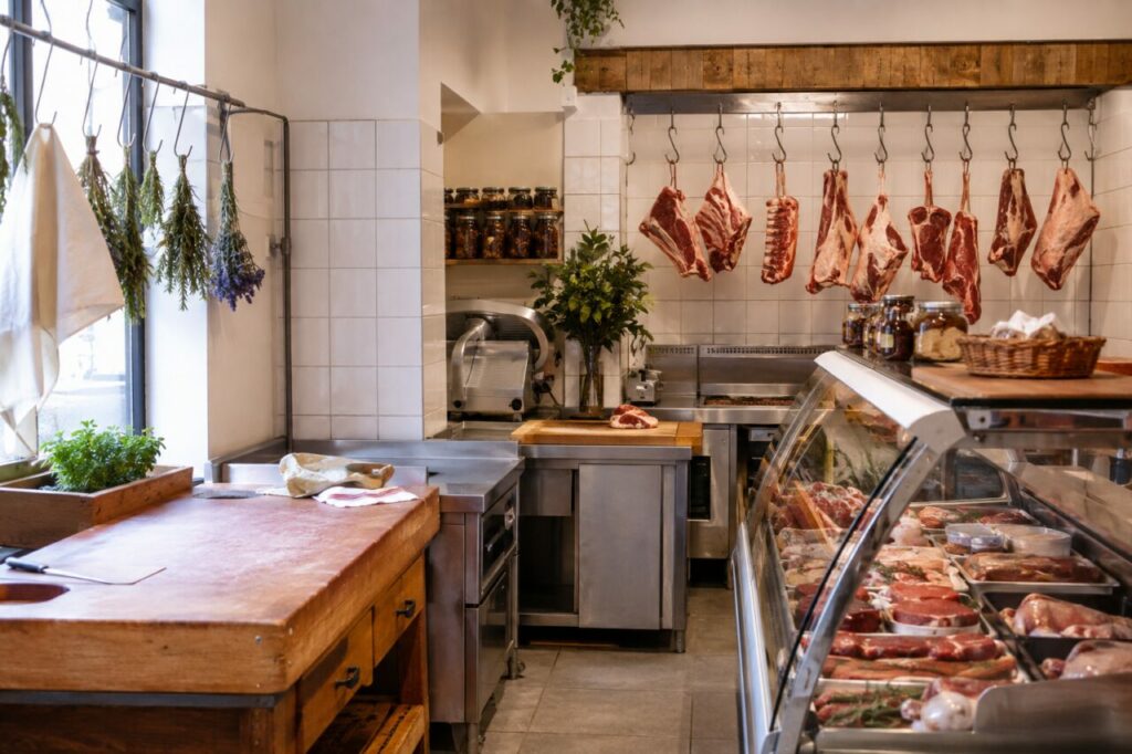 Étal intérieur de boucherie avec viandes emballées et comptoir carrelé