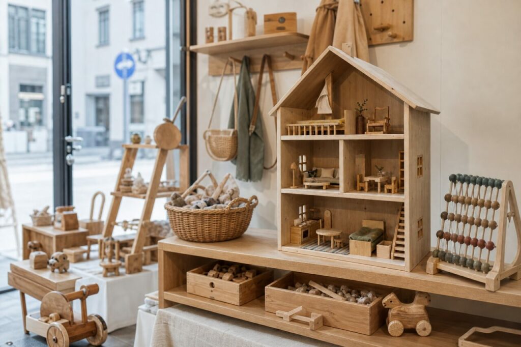 Étal de jouets en bois avec maison de poupée