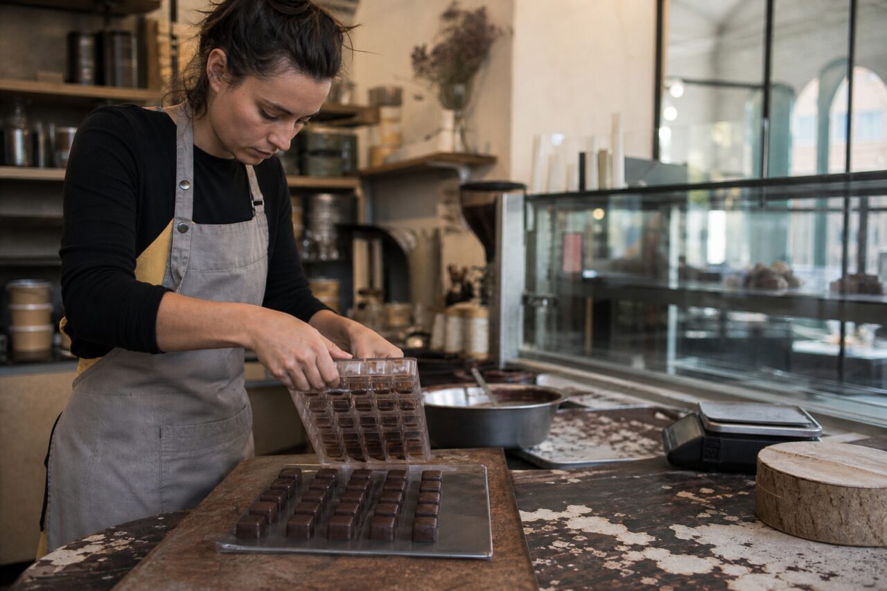 Making molded ganaches in a chocolate shop