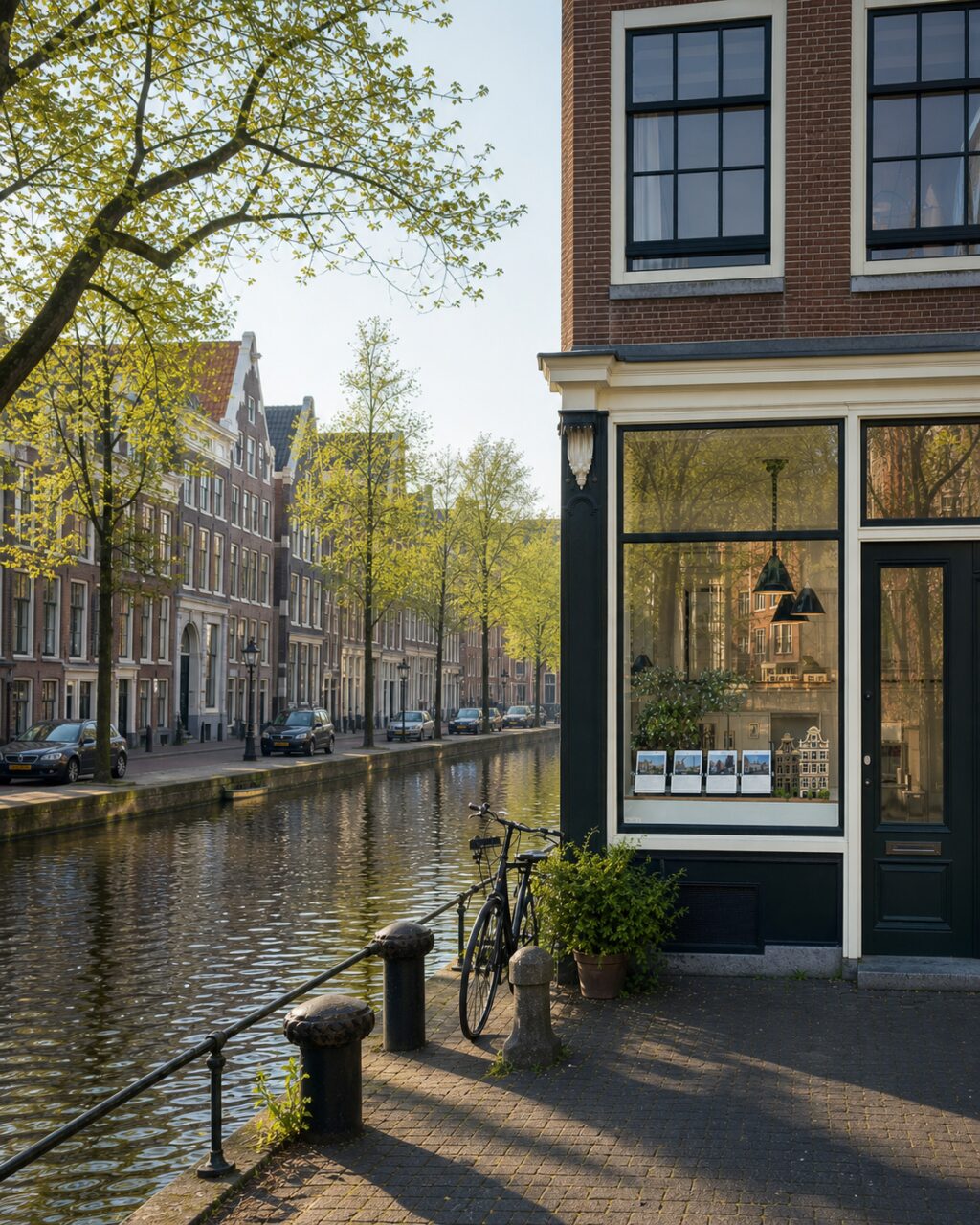 Facciata immobiliare ad Amsterdam lungo un canale sotto gli alberi