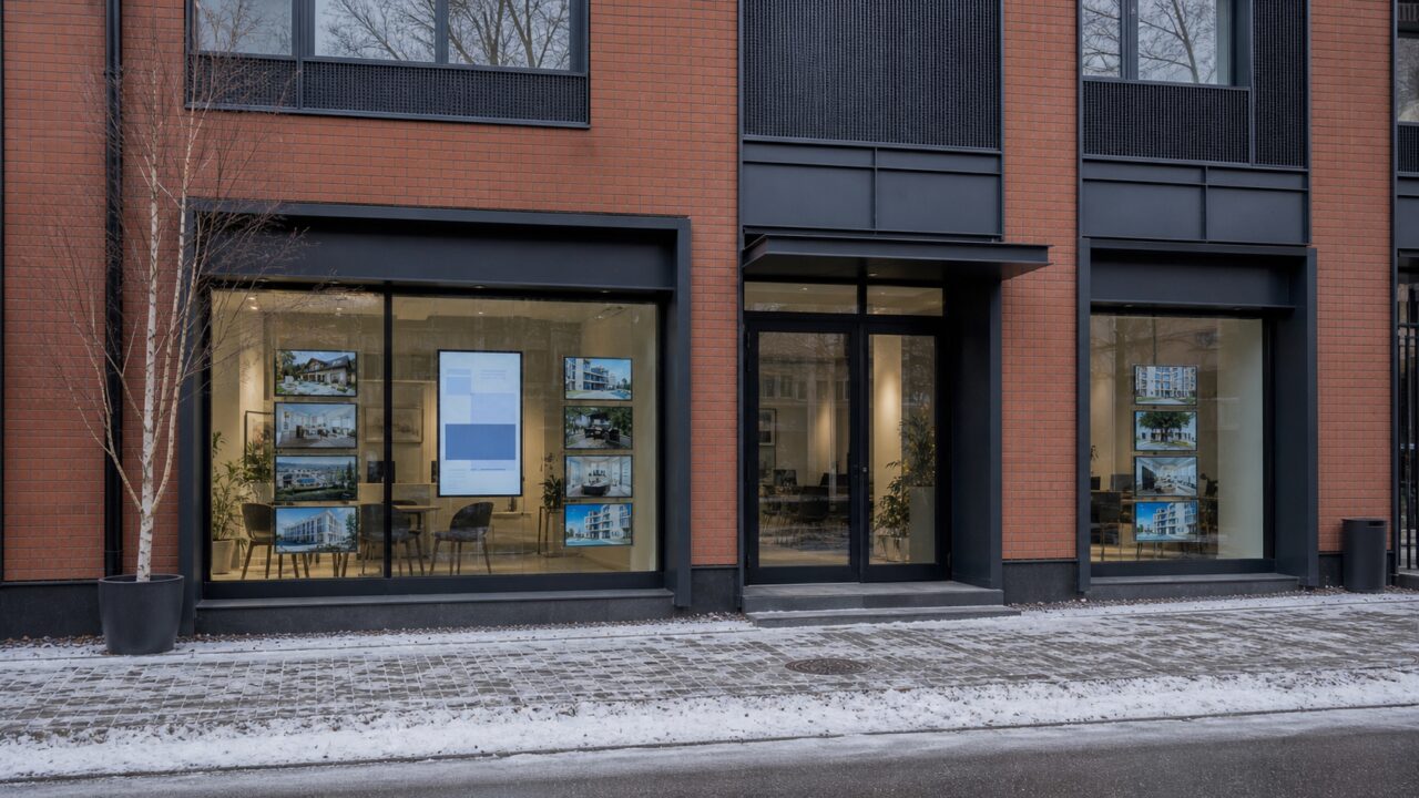 Façade d’agence immobilière moderne dans une rue enneigée de Varsovie