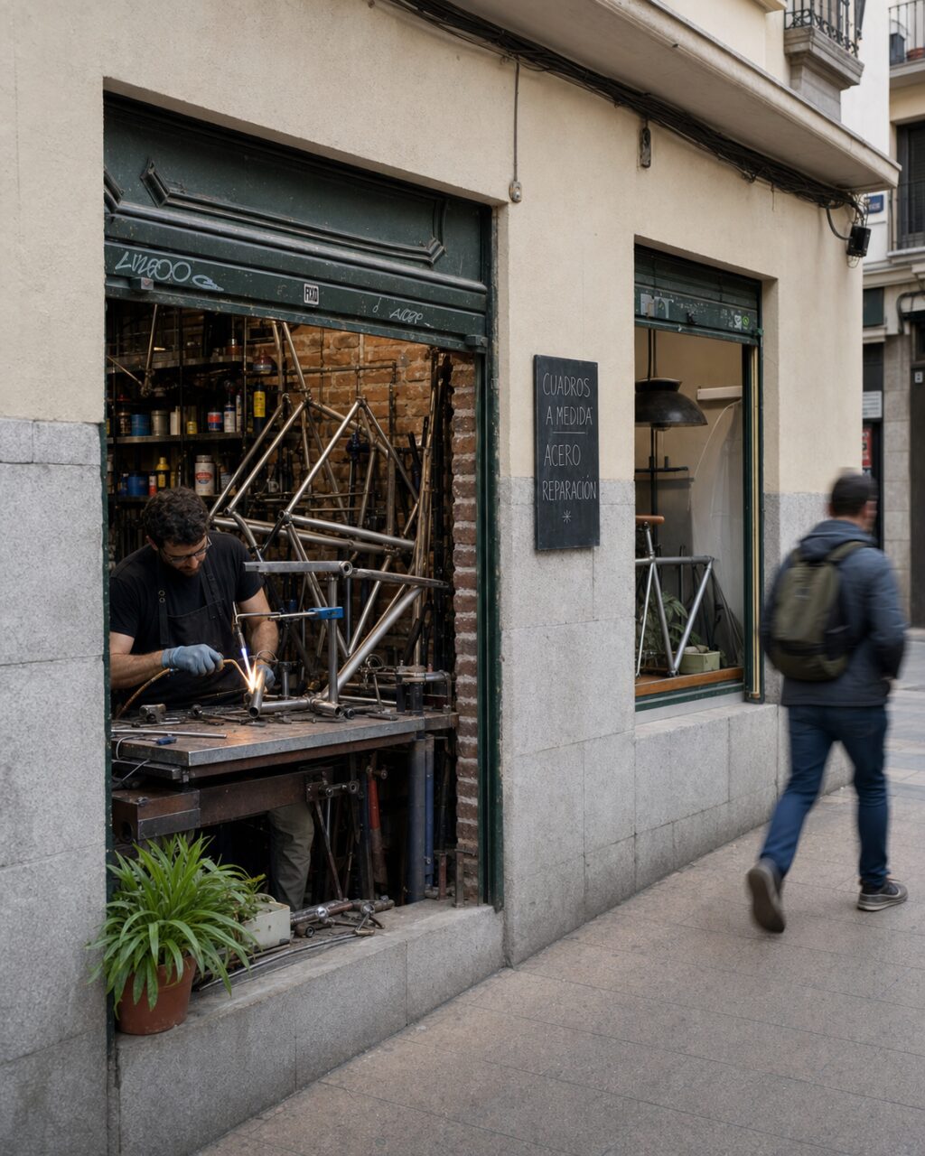 Fachada vertical de un taller de cuadros de bicicleta con soldador en Madrid
