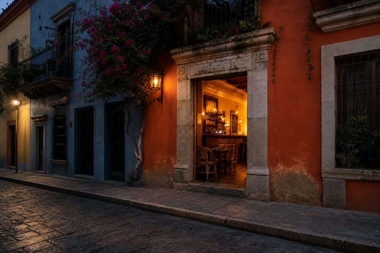 Veduta ampia di una facciata colorata di bar su marciapiede e strada lastricata