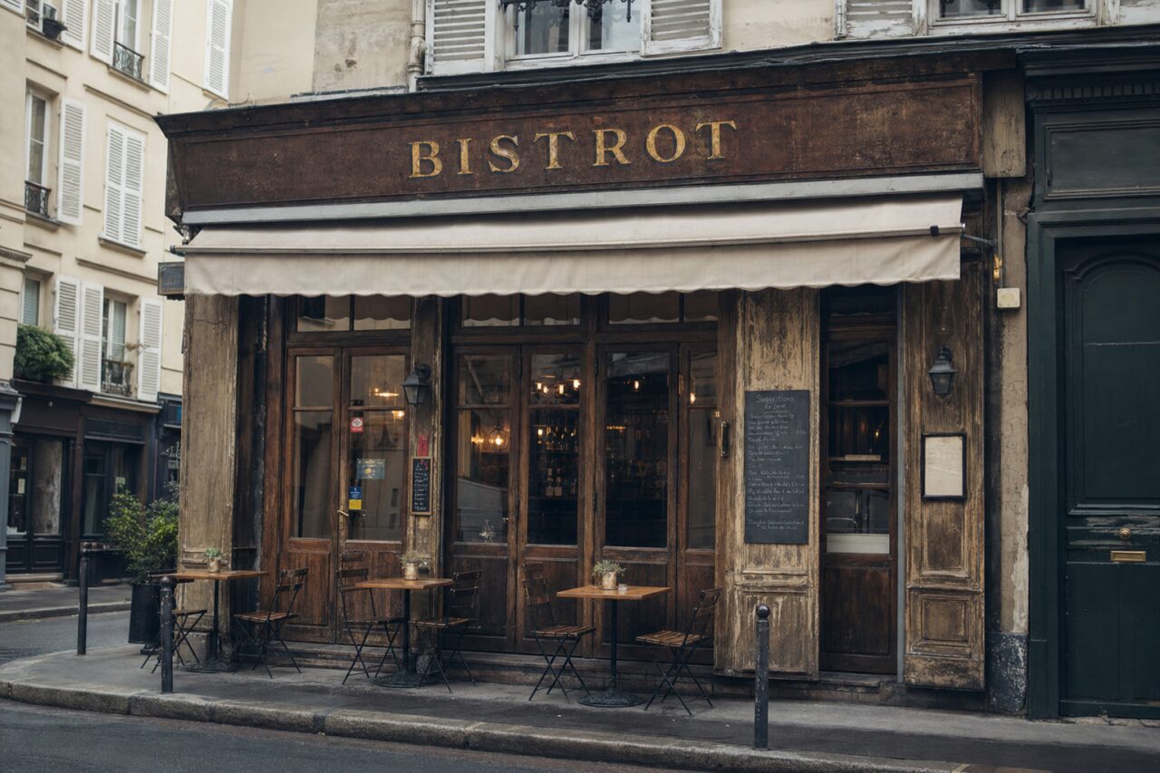 Façade de bistrot en boiserie sous un auvent clair