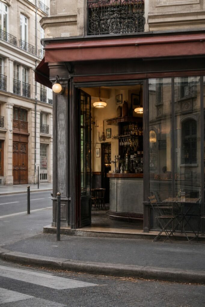 Façade de bistrot ouverte sur un comptoir arrondi
