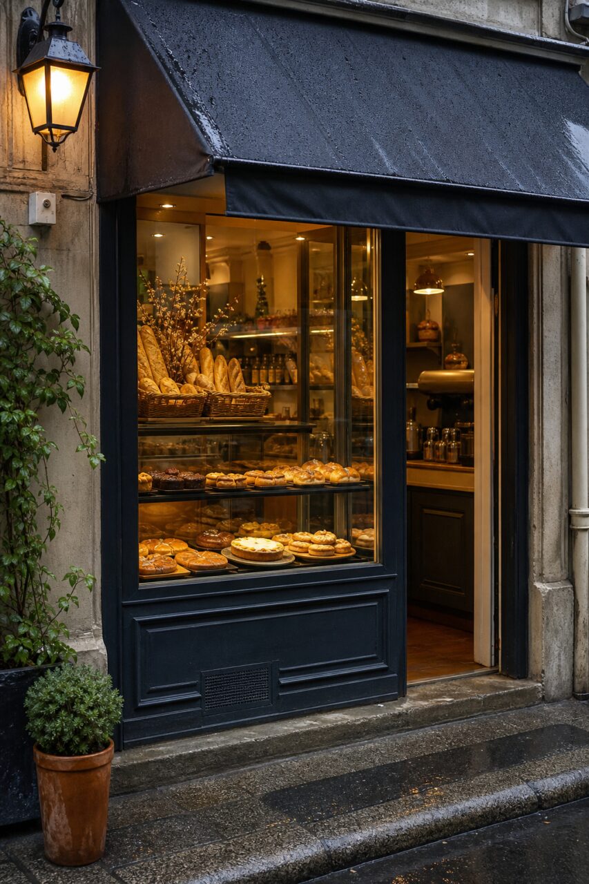 Façade de boulangerie sous un auvent noir après la pluie