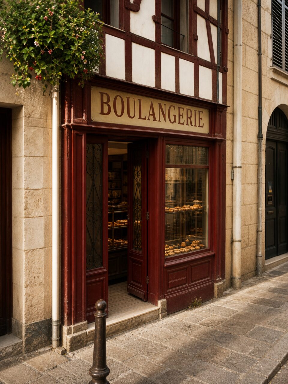 Facciata di panetteria a Bayonne, ingresso in legno rosso e porte aperte su una strada storica