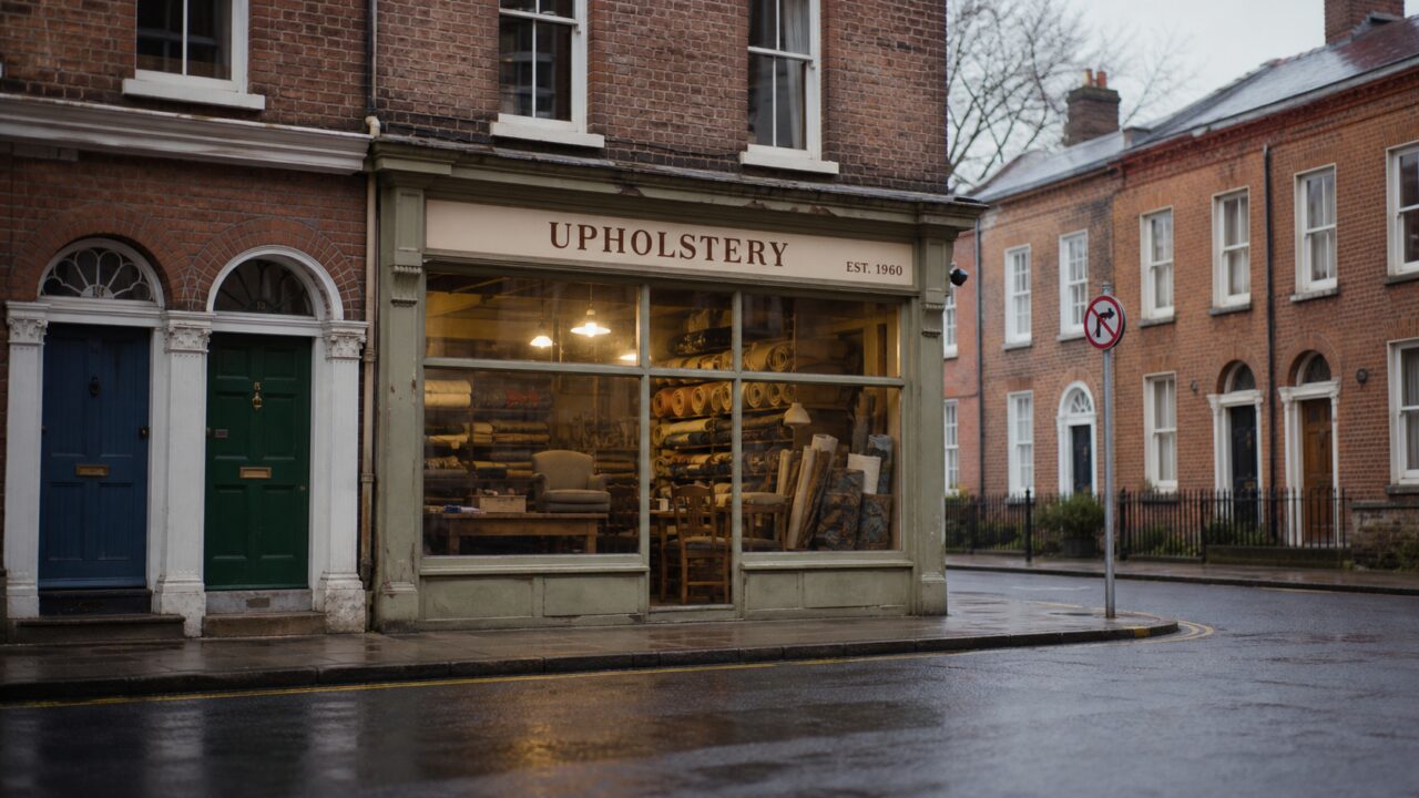 Fachada completa de uma loja de estofamento «Upholstery» numa rua de Dublin