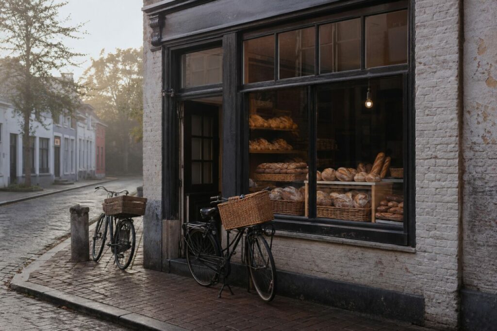 Façade en brique claire avec vitrine de pains et deux vélos