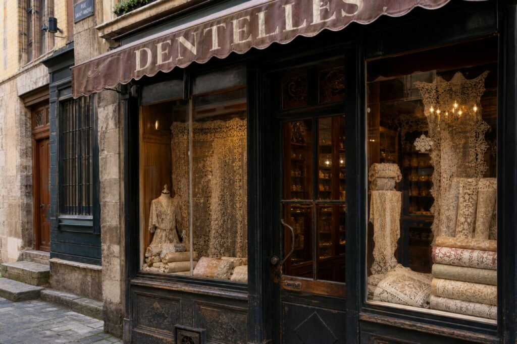 Façade de boutique DENTELLES à Lille, marquise rose et étoffes éclairées en vitrine