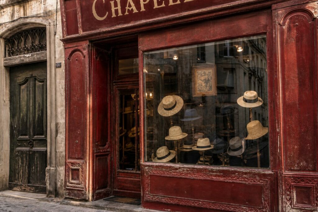 Façade de chapellerie à Avignon, enseigne ancienne et vitrines de couvre-chefs sous le soleil