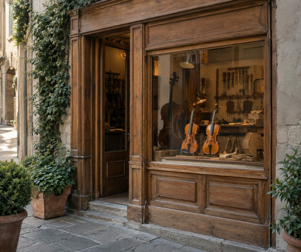 Façade de lutherie avec violons en vitrine