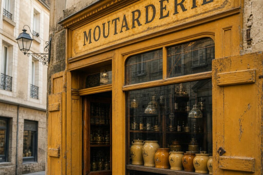 Façade de moutarderie à Dijon en lumière dorée, volets ouverts et vitrine de pots