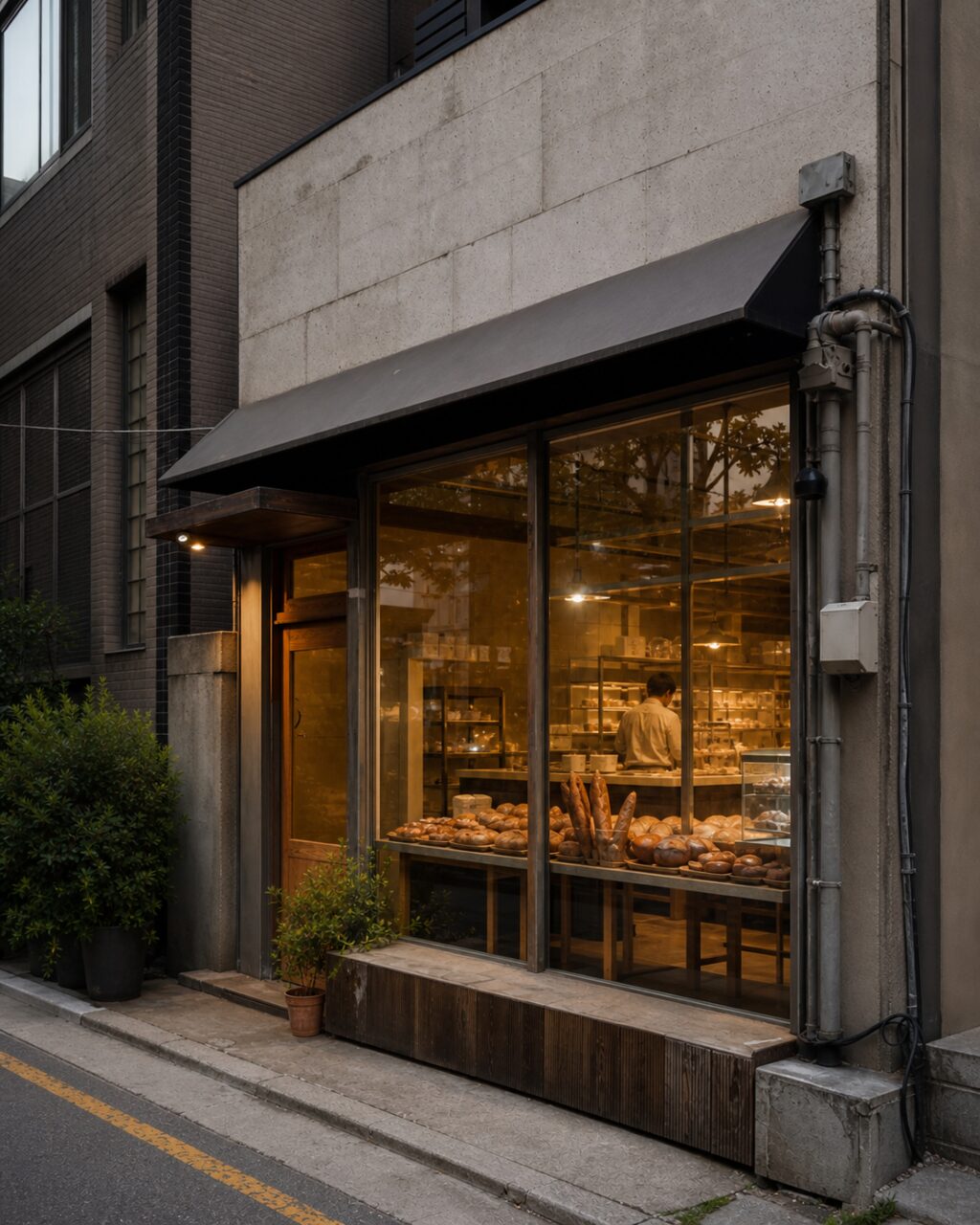Tall bakery façade beneath a dark awning