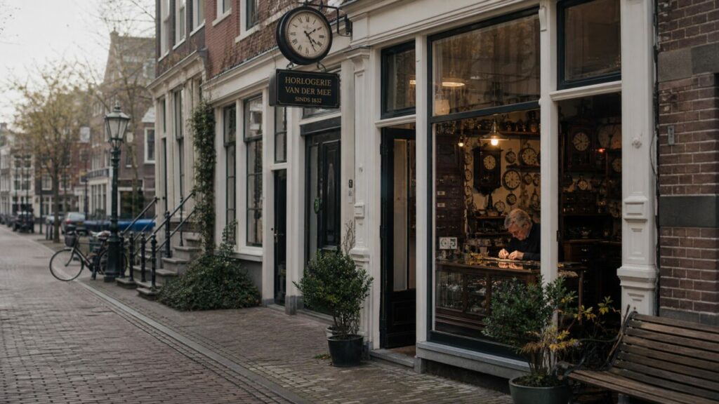 Façade de l’horlogerie « HORLOGERIE VAN DER MEER » dans une rue d’Amsterdam