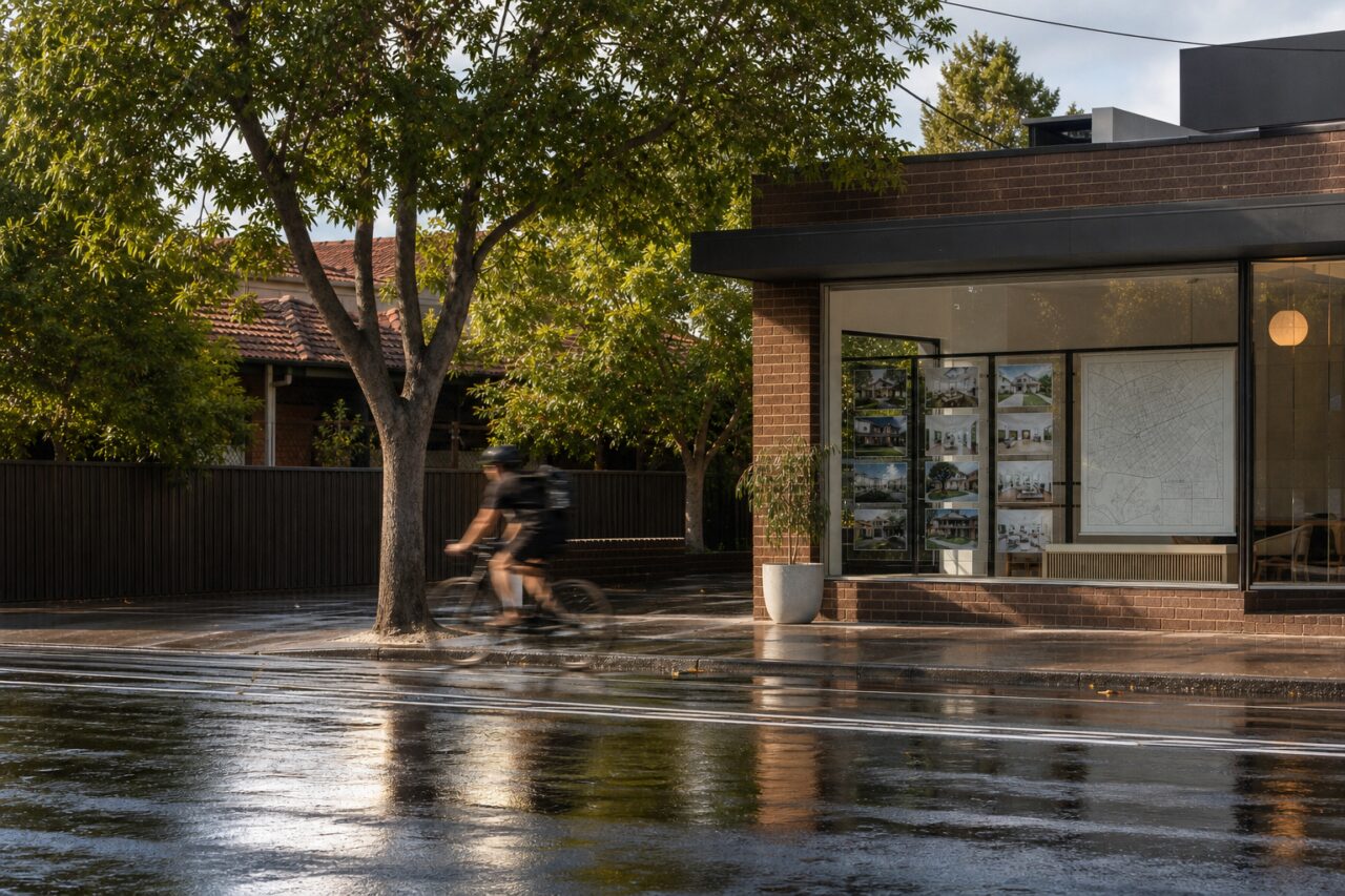 Melbourne brick property facade with glowing display window
