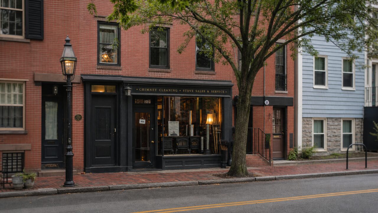 Fachada completa de uma loja de fogões e limpeza de chaminés numa rua de Boston
