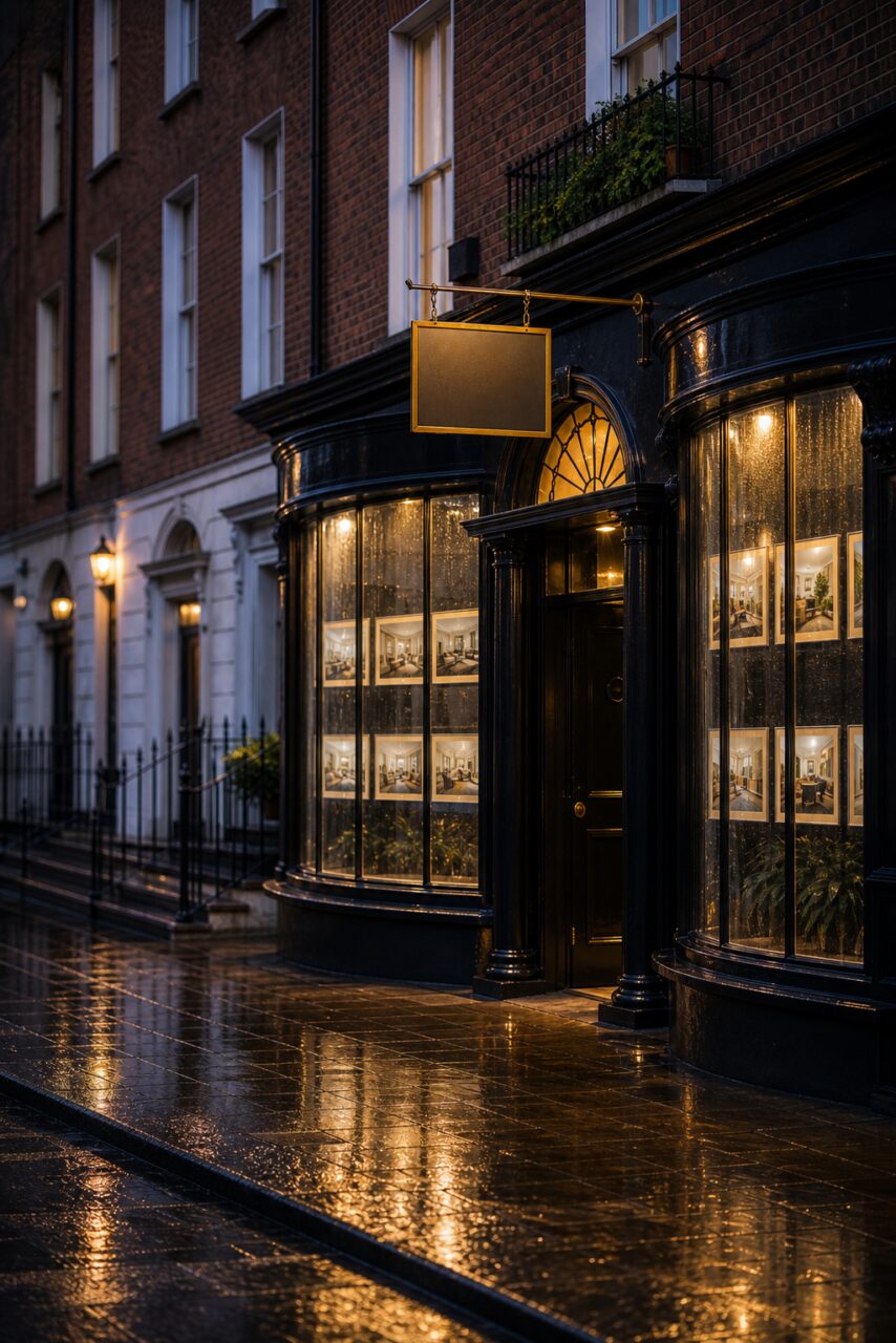 Façade noire d’agence immobilière à Dublin avec enseigne suspendue et pavés luisants