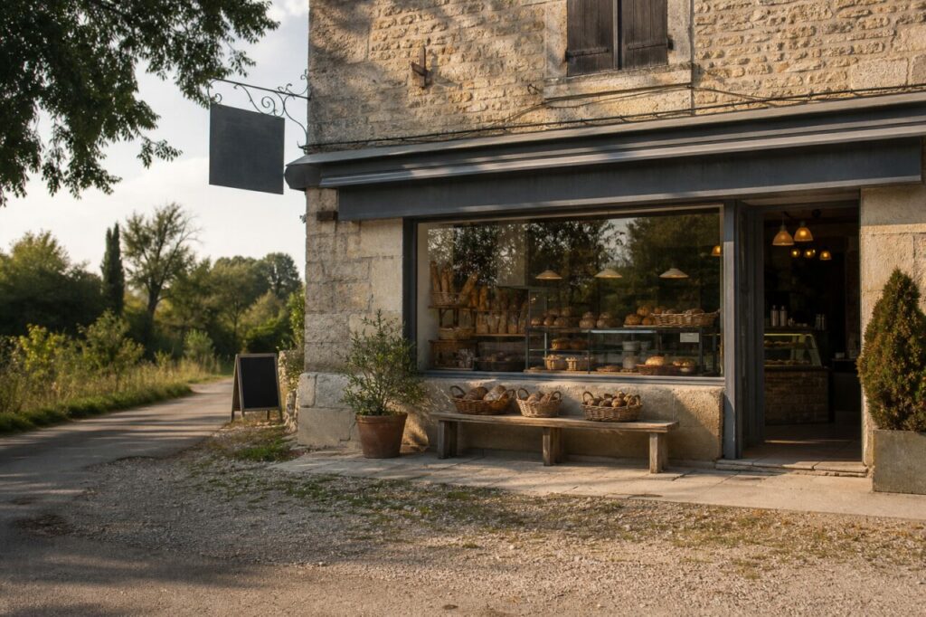 Façade de pierre avec banc et paniers de pains au bord d’une route