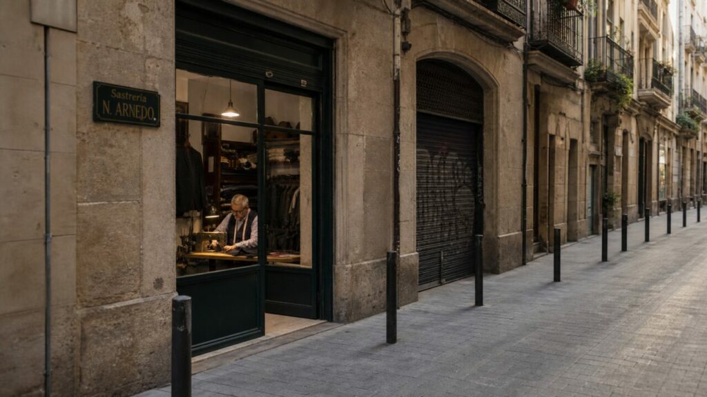 Façade de la sastrería N. Arnedo dans une rue piétonne du centre de Barcelone