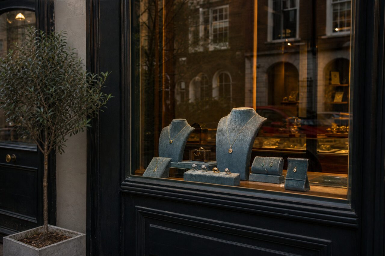 Dark storefront, potted tree and illuminated display