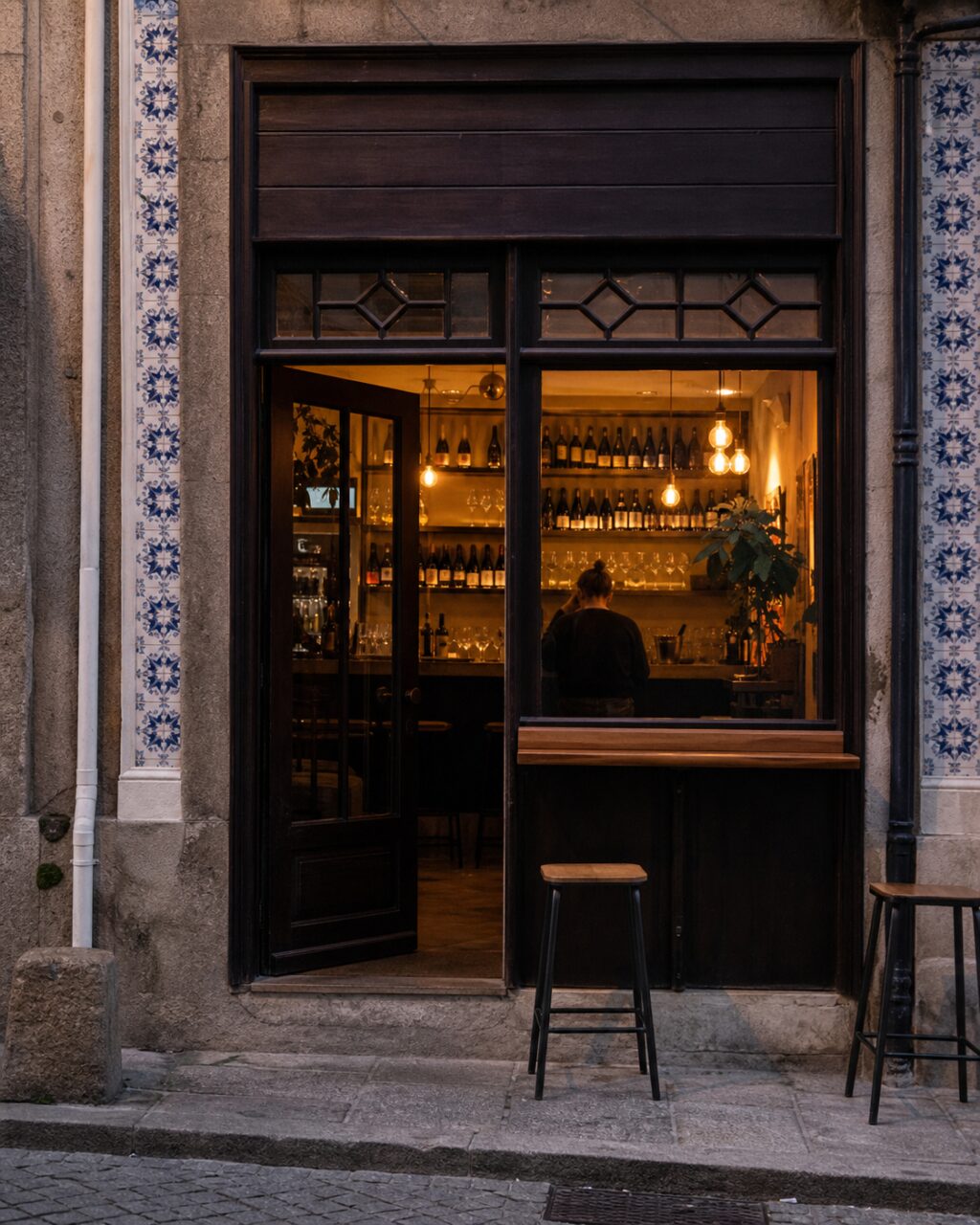 Dark storefront with blue tiles and amber light