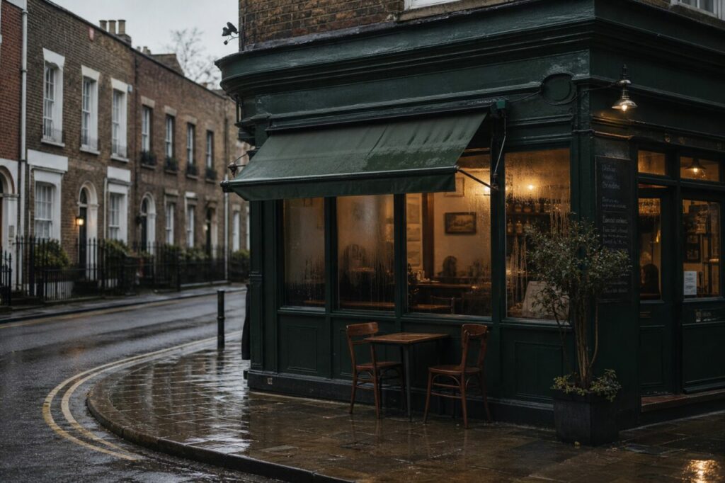 Fachada verde de un café en esquina con mesa sobre la acera mojada