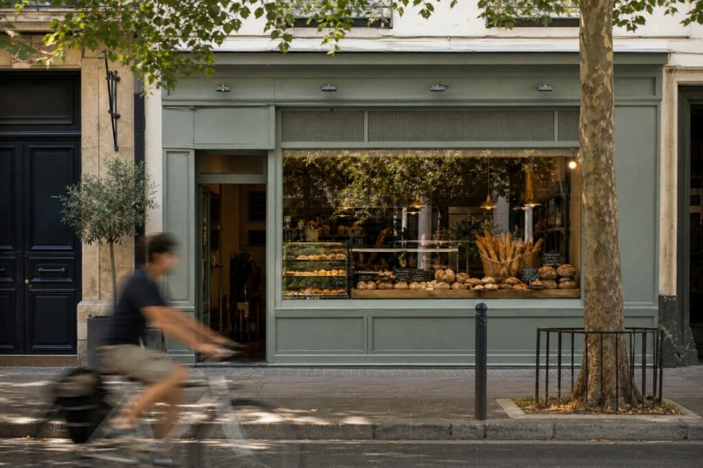 Cycliste flou devant une façade verte, un arbre et une vitrine de pains