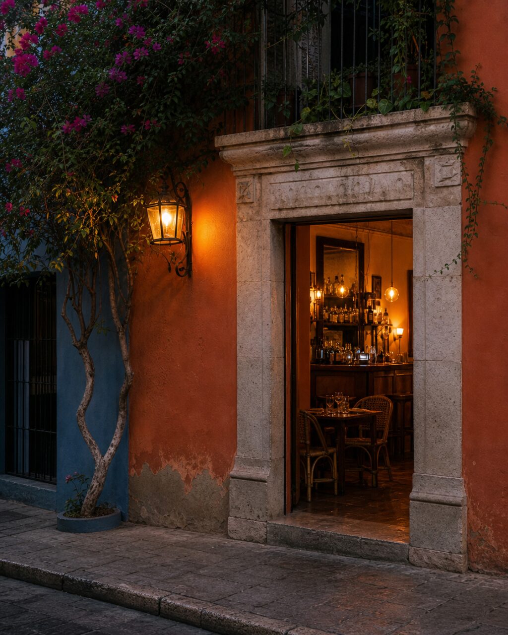 Vertical bar façade framed by a lantern, foliage and a stone surround