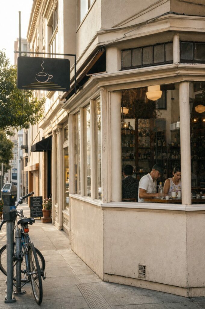 Façade verticale du café, enseigne et bicyclettes