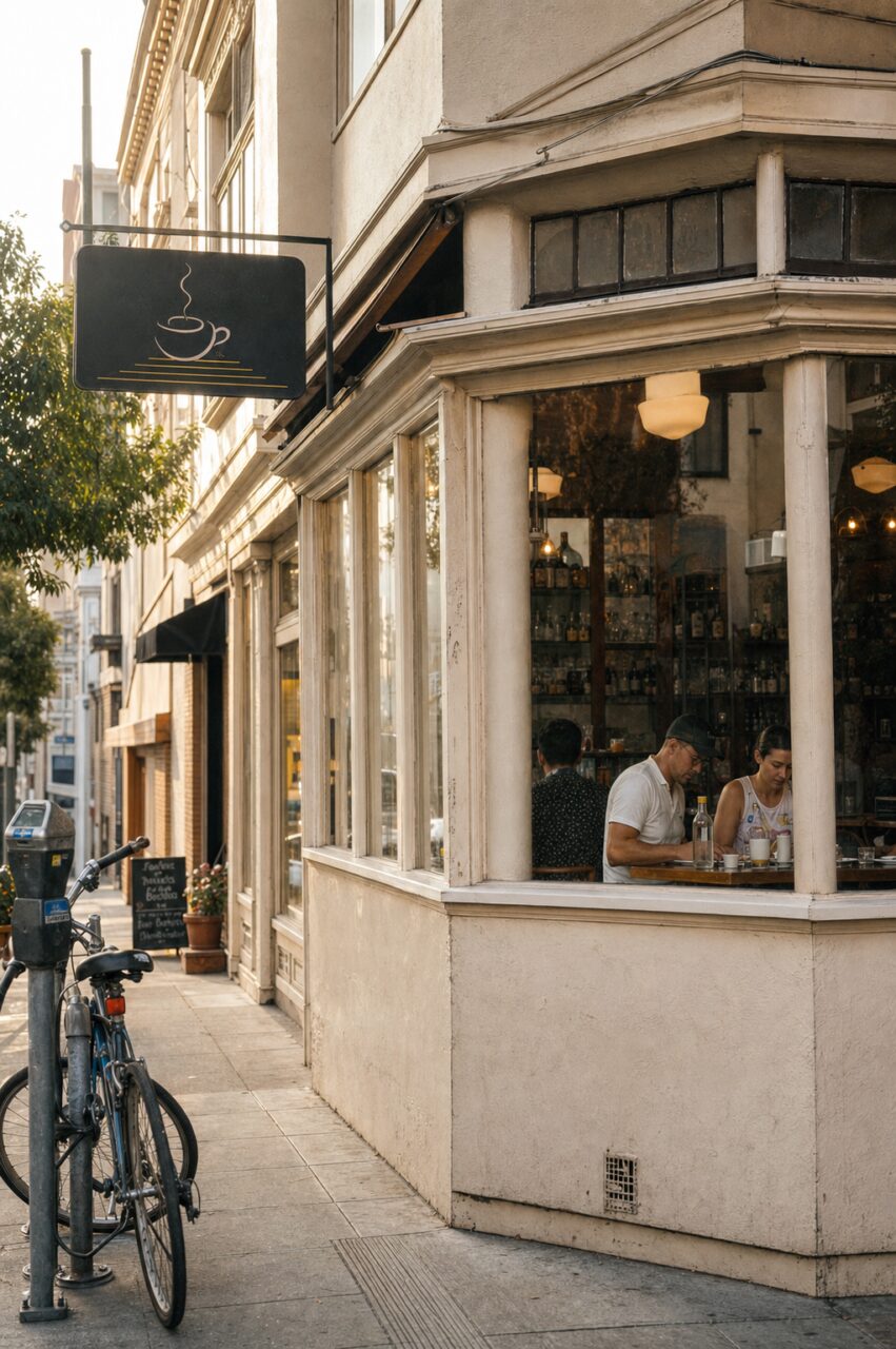 Façade verticale du café, enseigne et bicyclettes