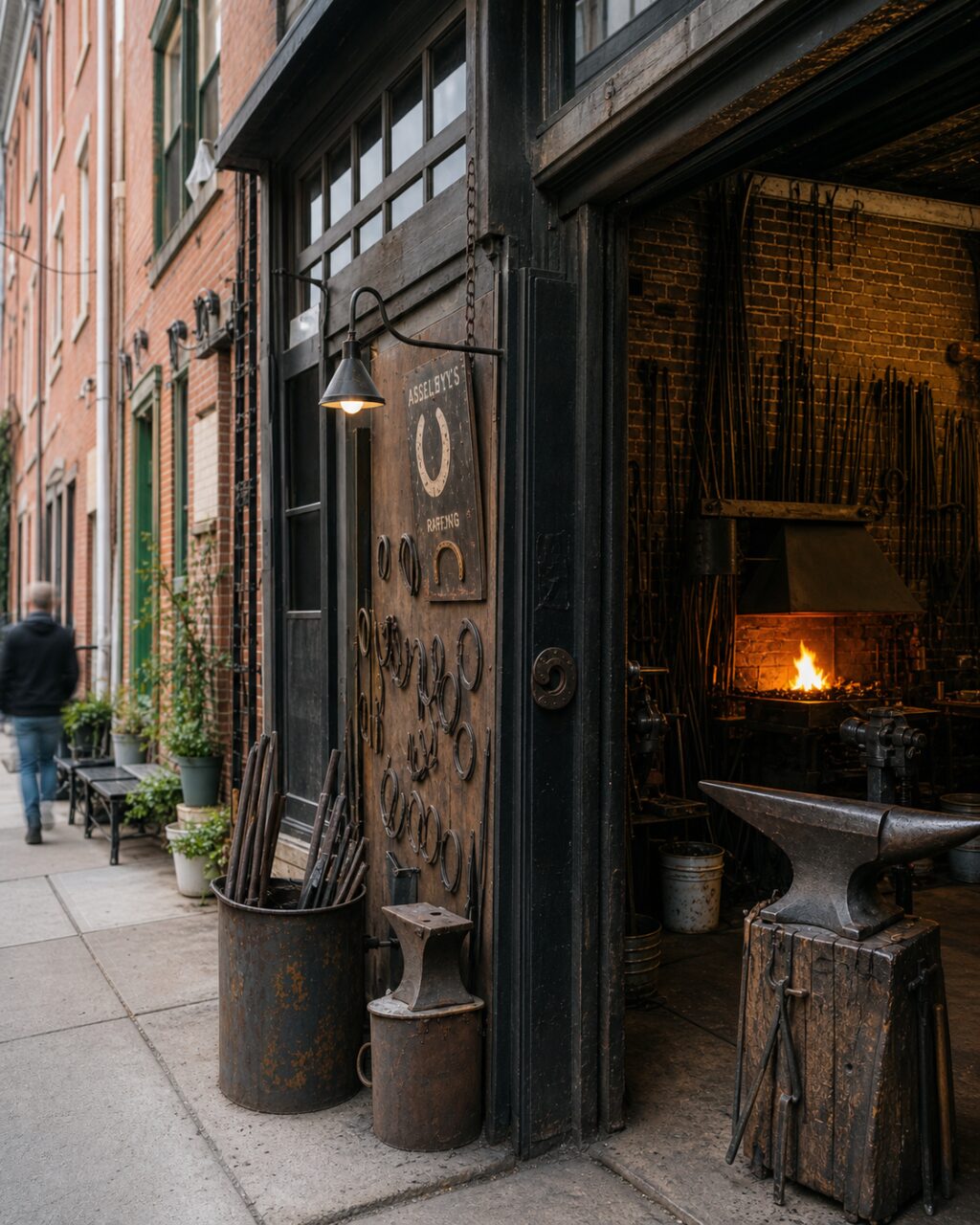 Verticale gevel van een smederij met aambeeld en open deur in Philadelphia