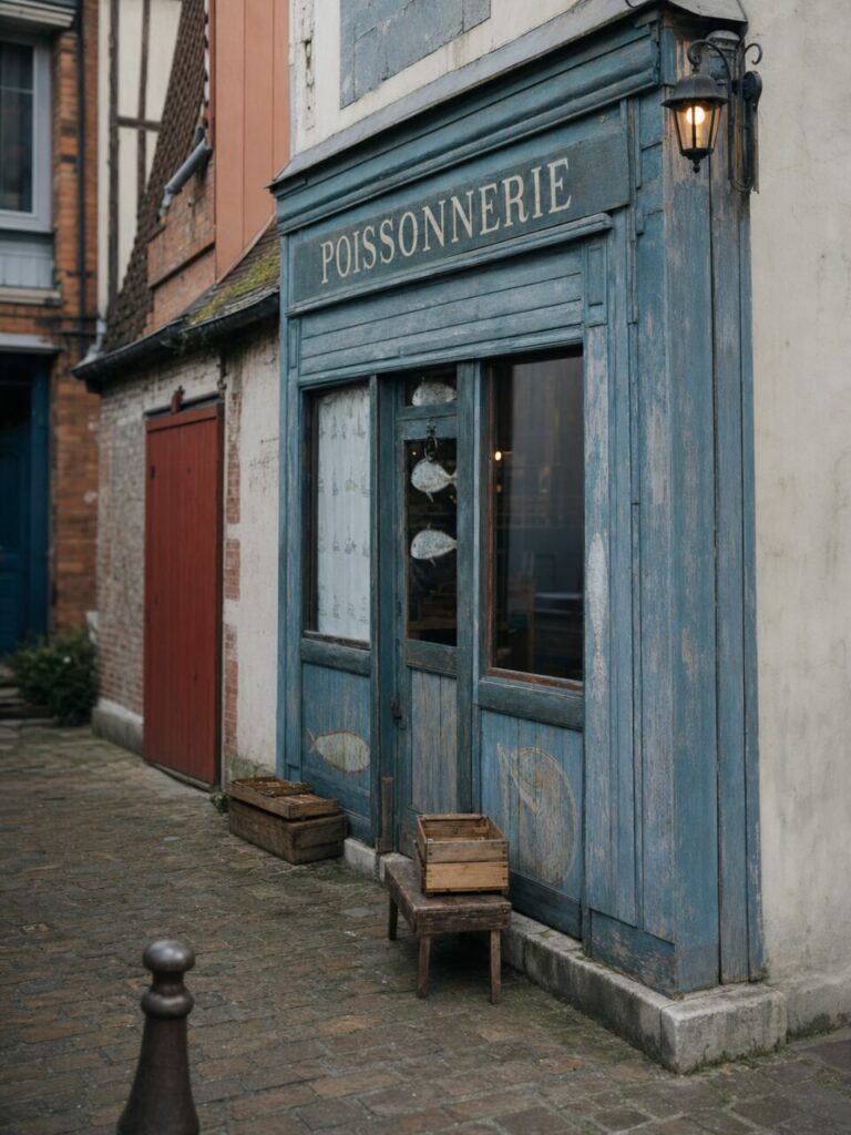 Façade verticale de poissonnerie à Honfleur, enseigne bleue, vitrine et pavés du vieux port