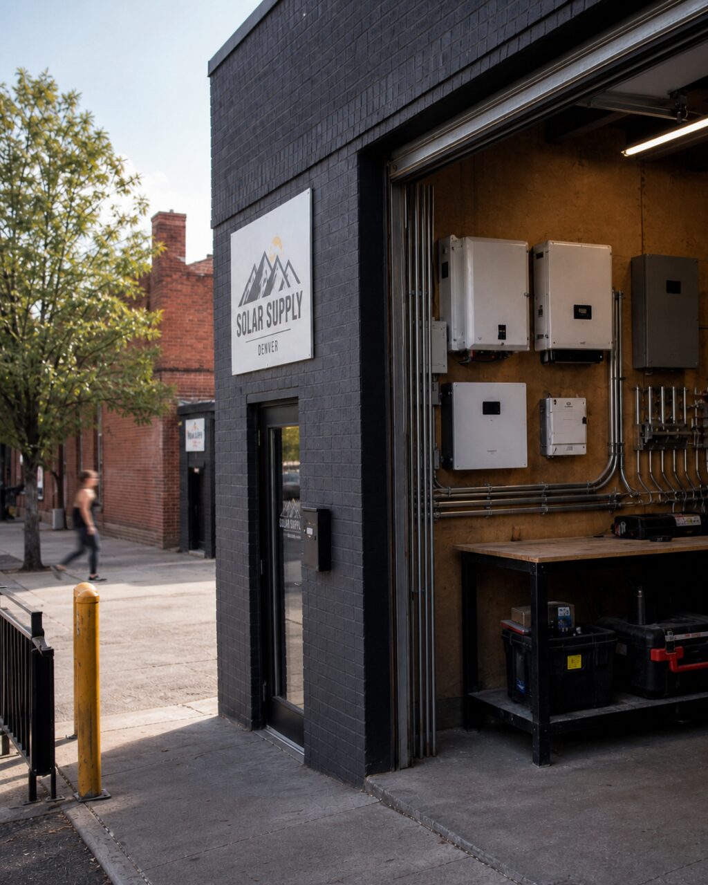 Fachada vertical da Solar Supply Denver com garagem de equipamentos aberta