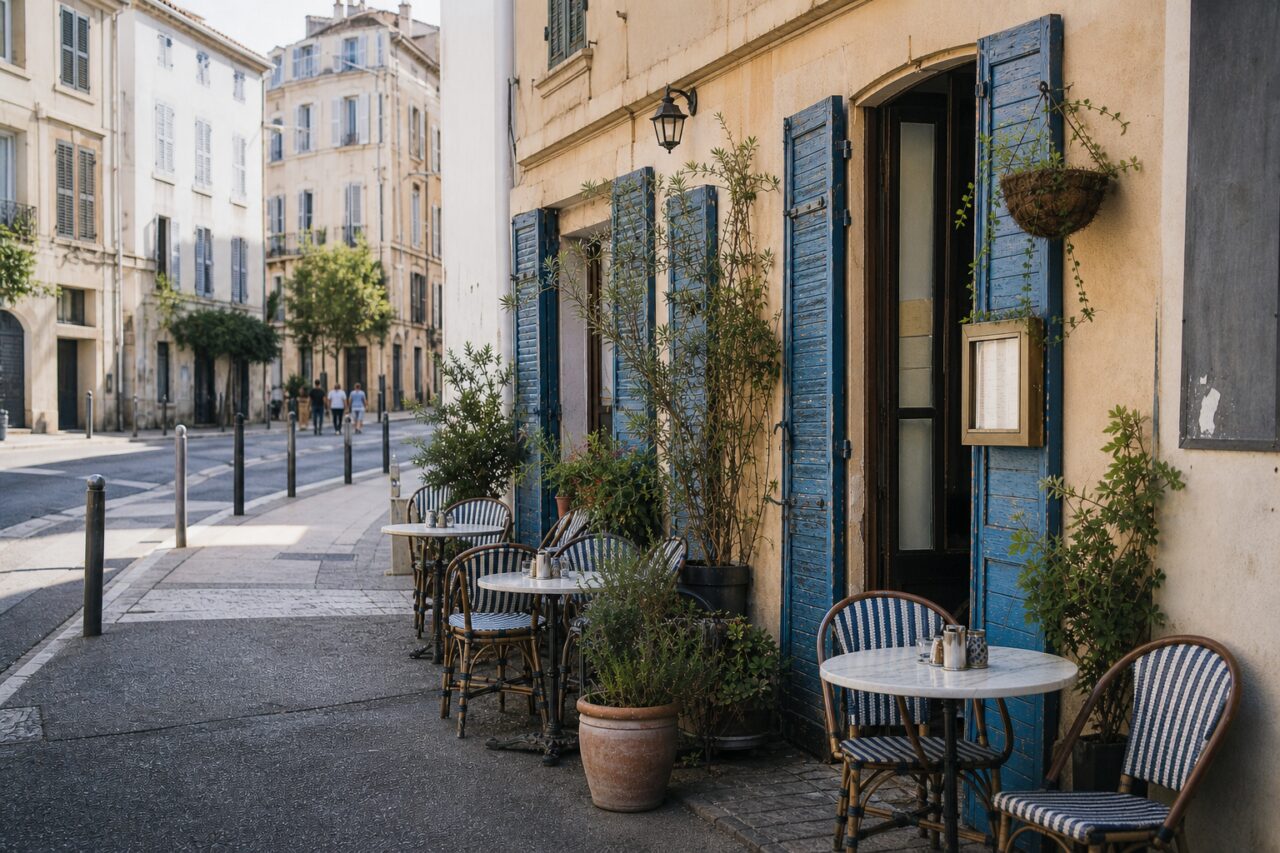 Façade à volets bleus et rangée de tables sur le trottoir
