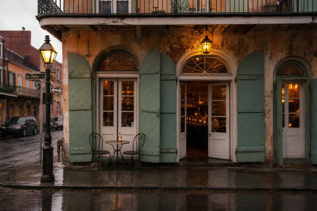 Façade aux volets verts et table sur le trottoir