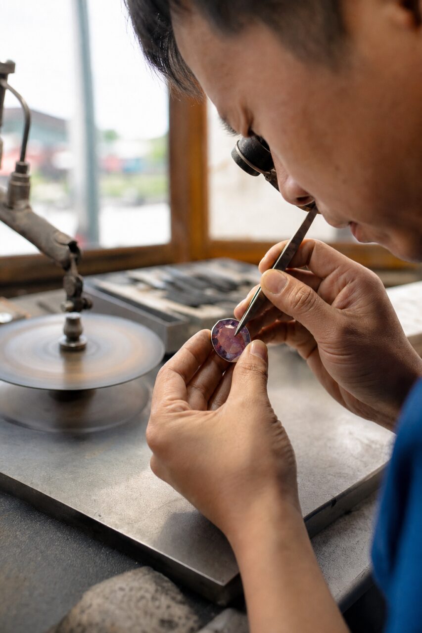 Violet facets examined in portrait framing