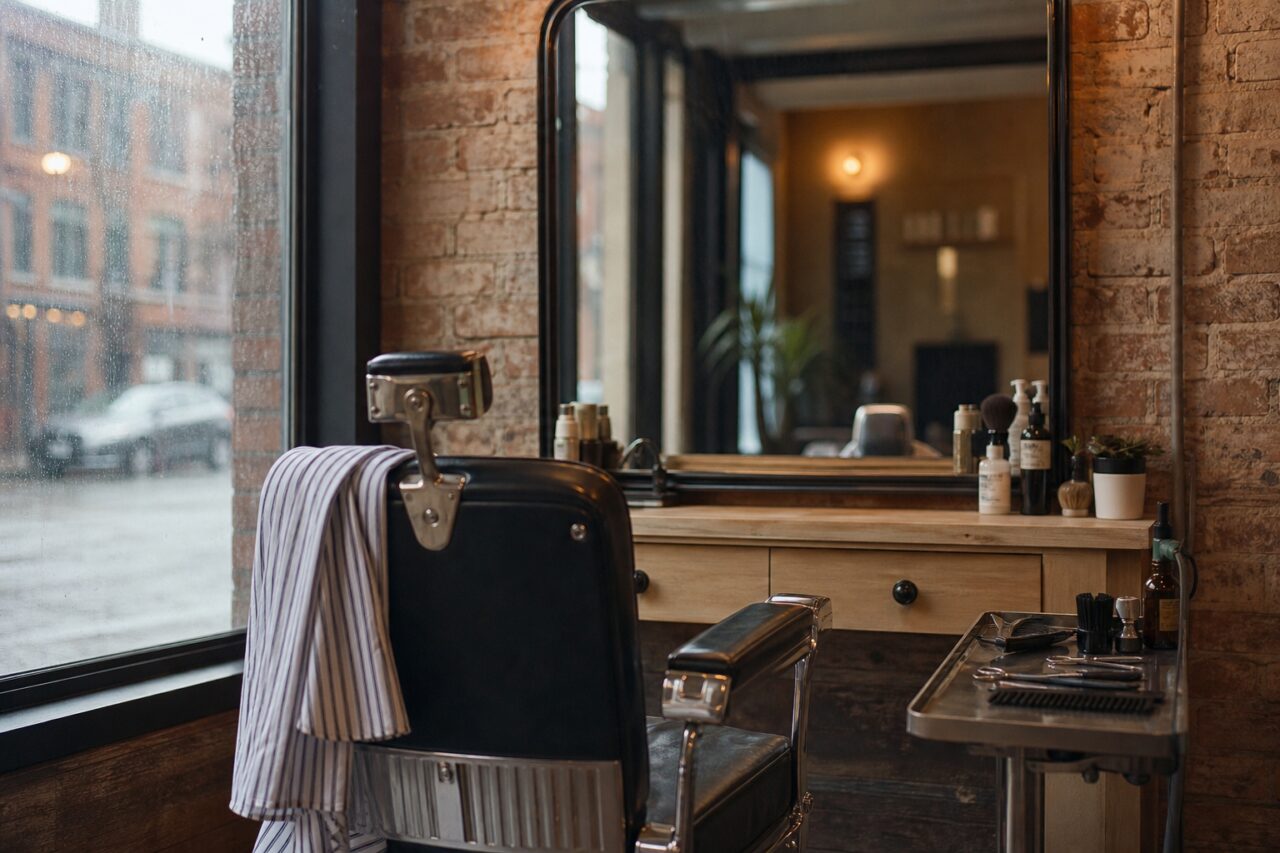 Fauteuil de barbier vide devant un grand miroir, outils et pluie derrière la vitrine