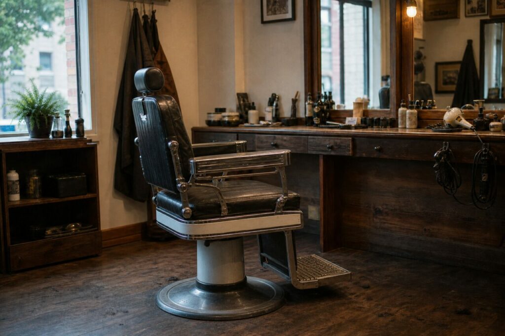 Fauteuil de coiffure tourné, vu depuis l’arrière gauche