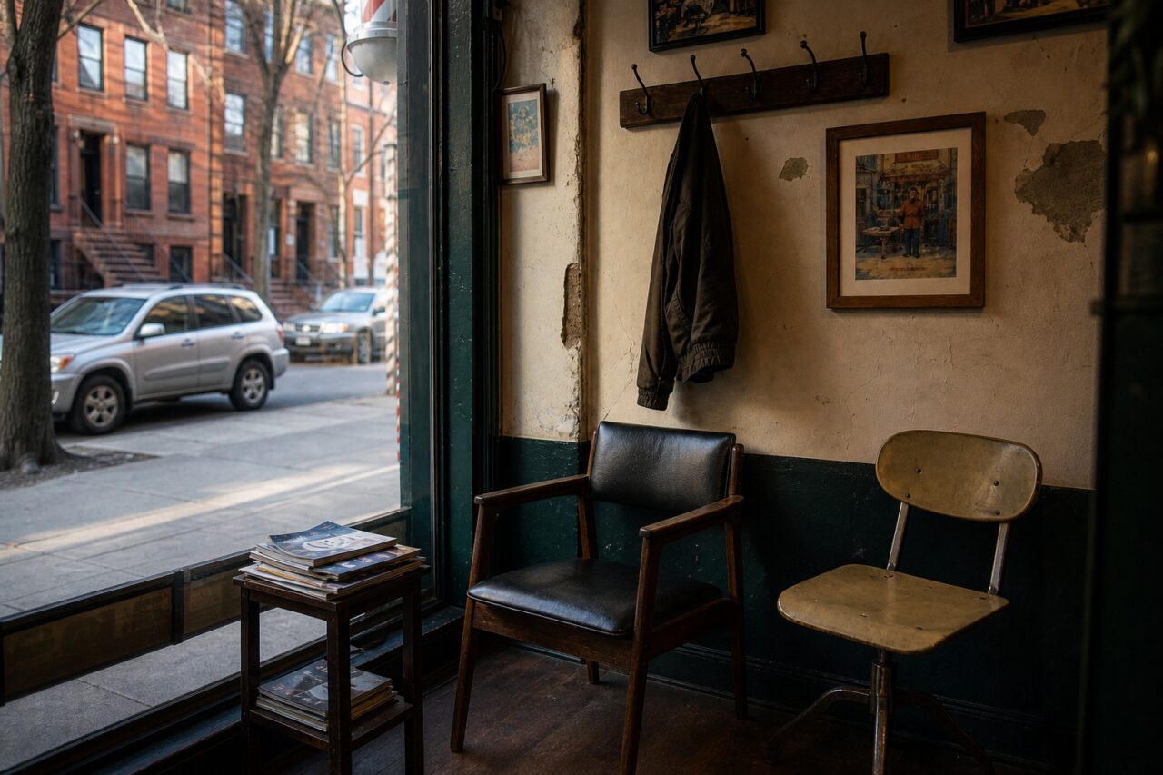 Barbershop waiting chairs beside storefront with magazines and hanging jacket
