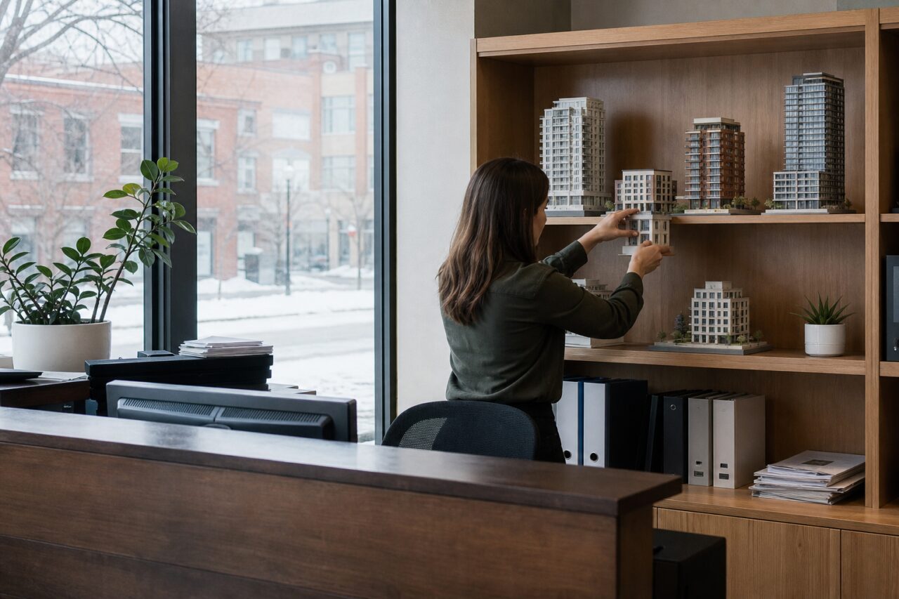 Mulher a ajustar uma maquete de edifício numa estante