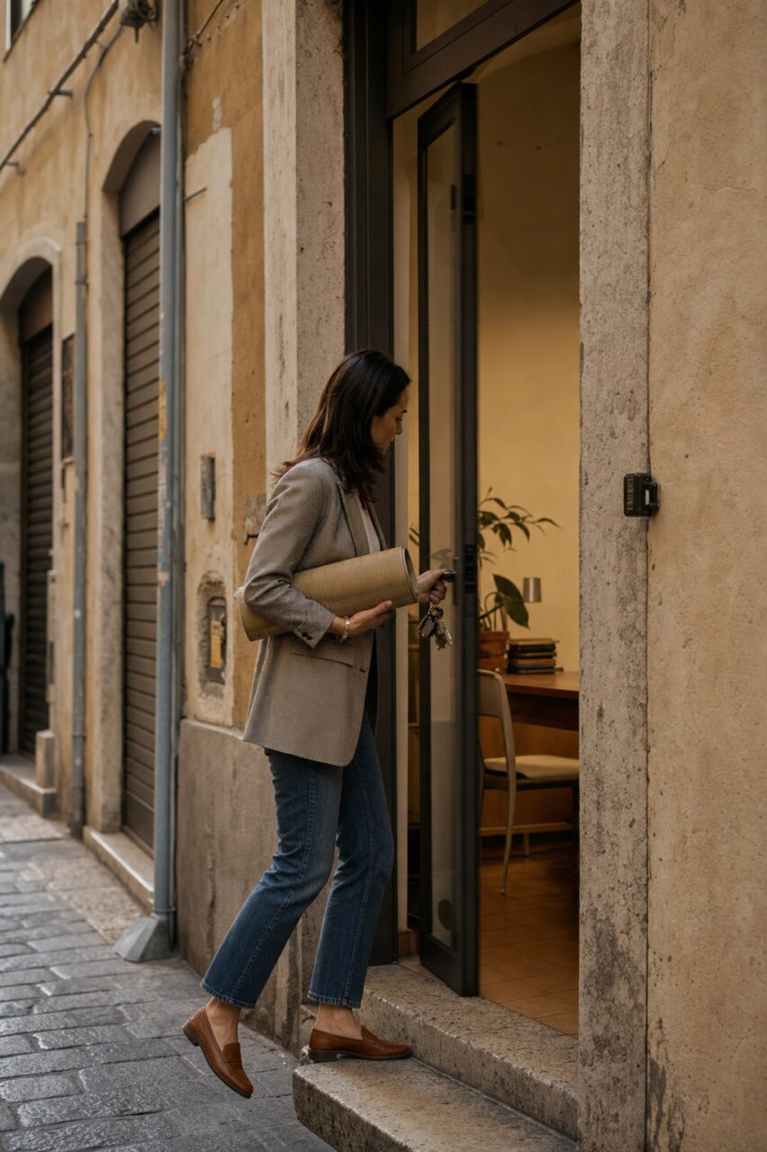 Femme ouvrant une porte vitrée avec des clés et un plan roulé