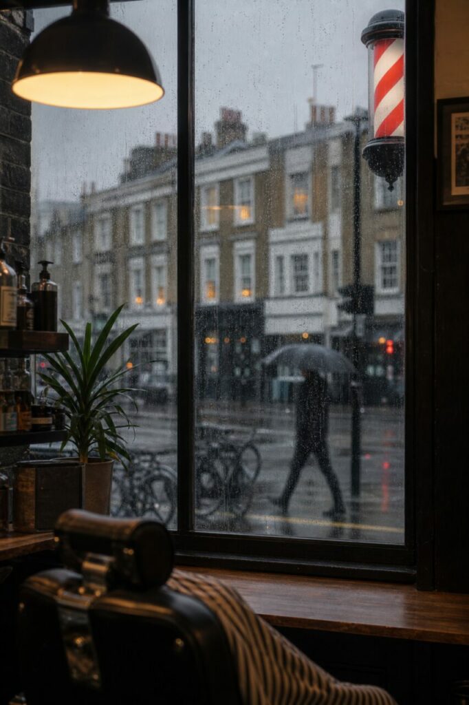 Innenansicht eines Barbiersalons hinter einem regennassen Fenster