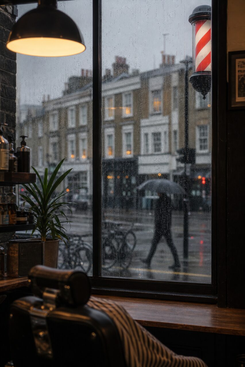 Interior barbershop view behind a rain-streaked window