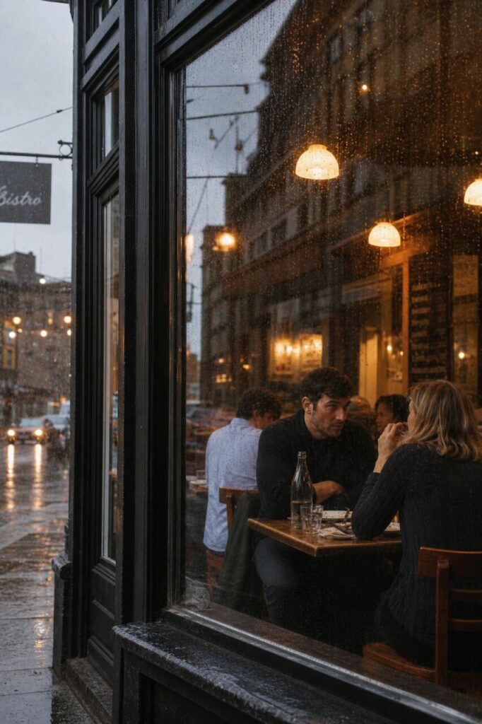 Fenêtre de bistrot, clients et chaussée brillante