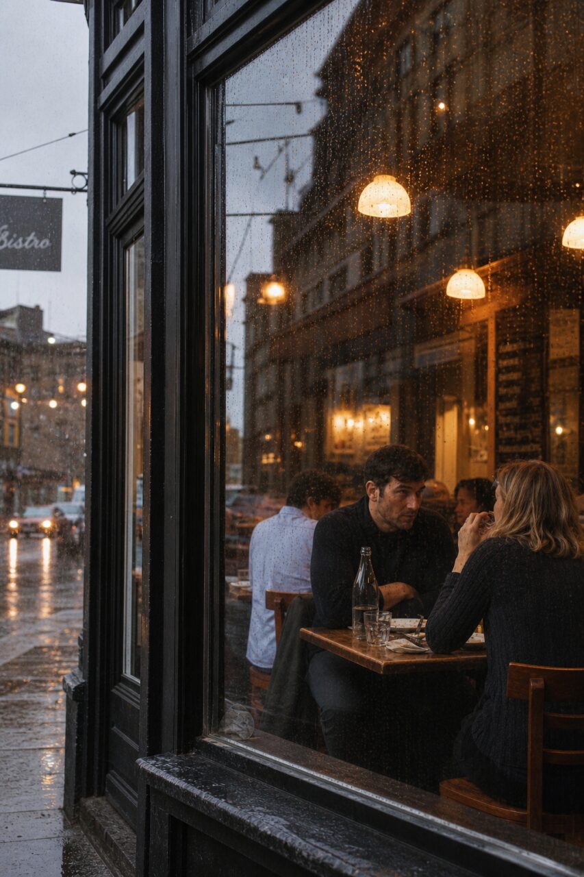 Vetrina di bistrot, clienti e carreggiata lucida