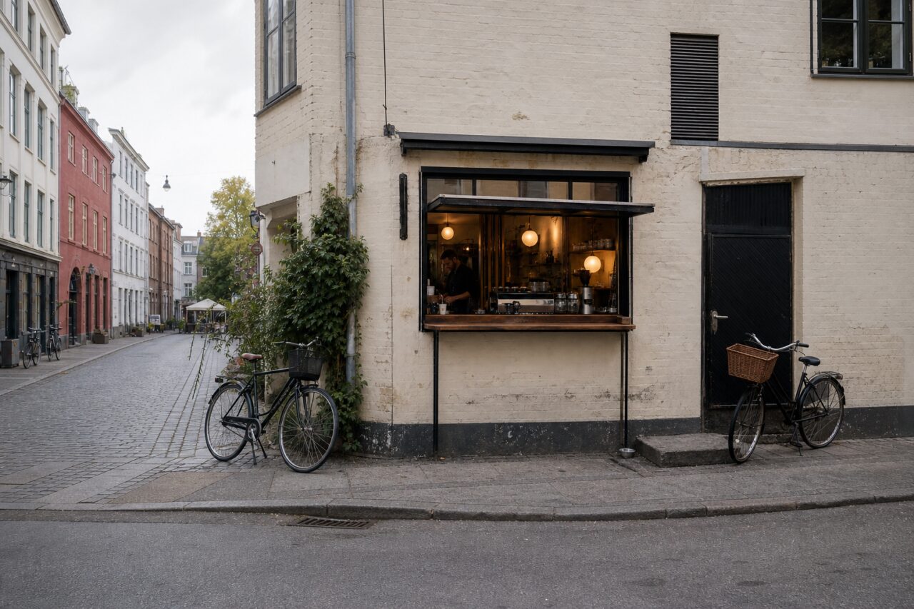 Kaffeefenster an einer gepflasterten Straßenecke