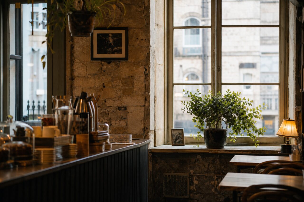 Caféfenster mit Blattpflanze und sichtbarem Mauerwerk